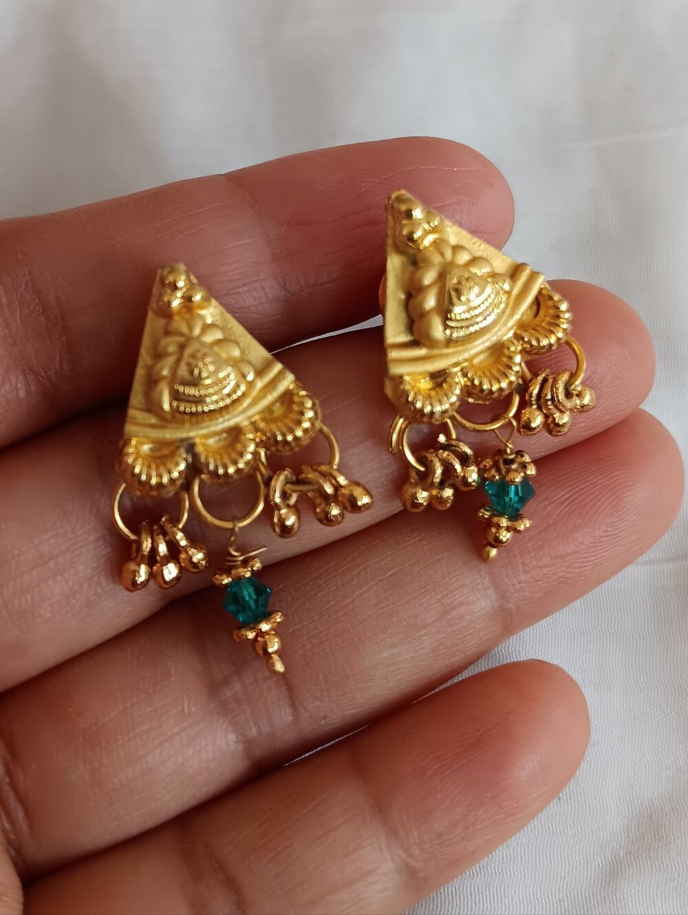 Gold-Triangle Jhumka Earrings with Emerald Accent - Women Jewelry